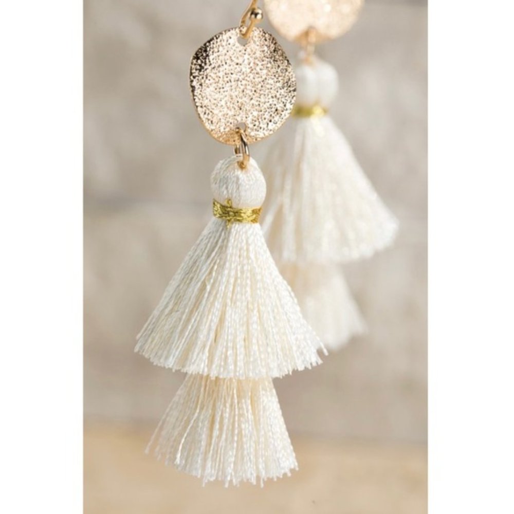 Ivory Gold Disc & Tassel Earrings